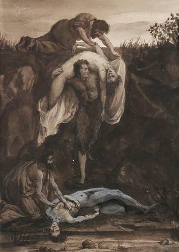 Camille Félix BELLANGER (Paris 1853-1923) Scène du Déluge Lavis noir et gris, rehauts...
