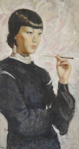 Henri GIRAULT DE NOLHAC (1884-1948) Femme asiatique fumant Huile sur toile. Signée...
