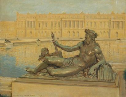 Henri GIRAULT DE NOLHAC (1884-1948) Versailles, statue du Rhône, 1928 Huile sur toile....