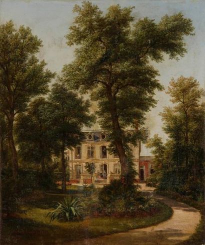 EDOUARD HOSTEIN (1804-1889) Vue d'une propriété, 1864 Huile sur toile. Signée et...