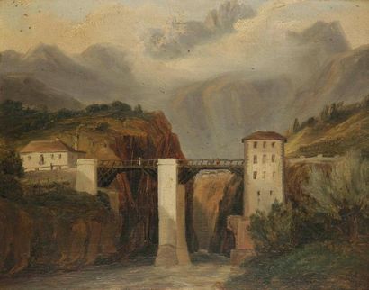 EDOUARD HOSTEIN (1804-1889) Le Pont de Crevola sur la route du Simplon, 1831 Huile...