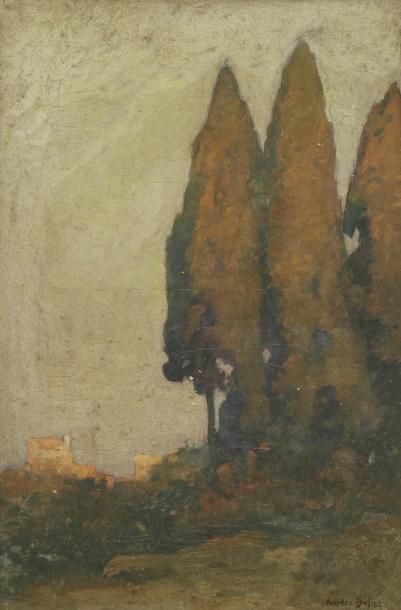 Amédée BUFFET (1869-1934) Antibes, bois de cyprès Huile sur toile. Signée en bas...