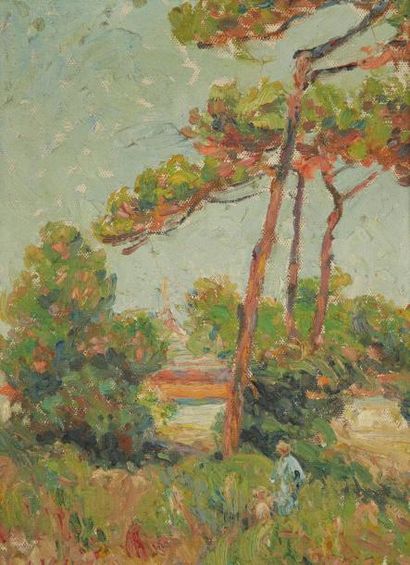 Joseph VITAL-LACAZE (1874-1946) Paysage d'Arcachon Huile sur carton toilé. Monogrammée...