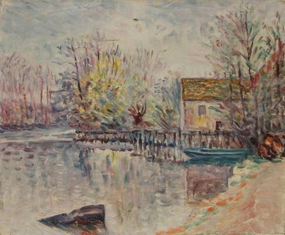 Joseph VITAL-LACAZE (1874-1946) Maison et barque au bord de l'eau Huile sur toile....