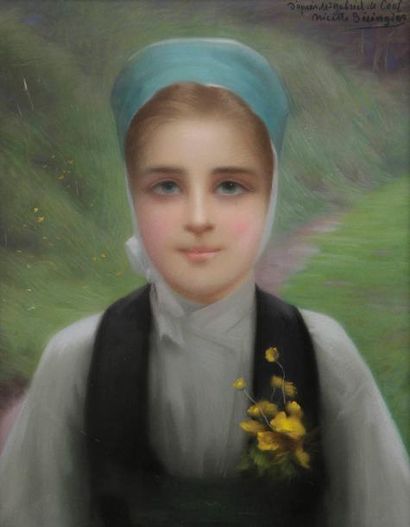 Nicette BERINGIER (d'après Gabriel de Cool) Portrait de jeune Bretonne Pastel. Signé...