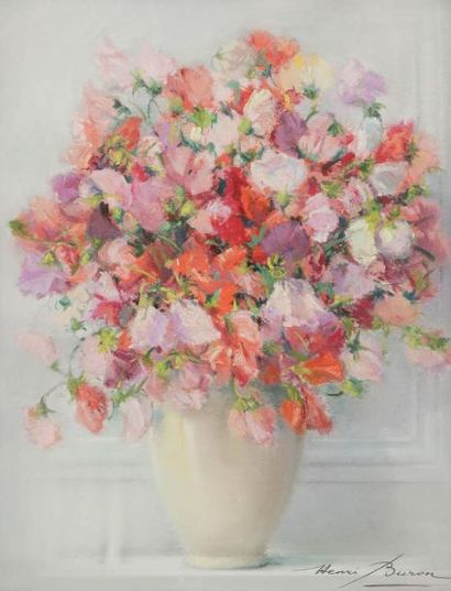 Henri BURON (1880-1969) Bouquet de pois de senteur Pastel. Signé en bas à droite....