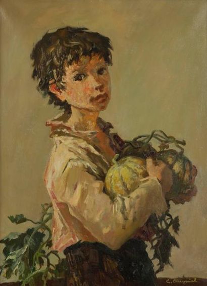 Georges Robert CHEYSSIAL (1907-1997) Jeune garçon au melon Huile sur toile. Signée...