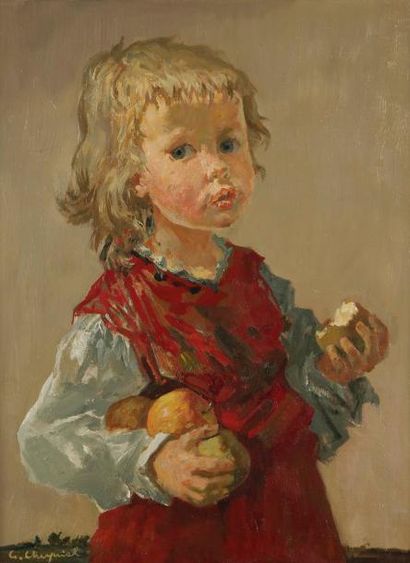 Georges Robert CHEYSSIAL (1907-1997) Jeune enfant aux pommes Huile sur toile. Signée...