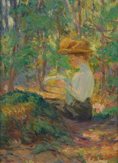 Joseph VITAL-LACAZE (1874-1946) Arcachon, femme lisant Huile sur carton toilé. Monogrammée...