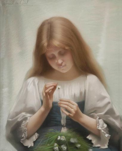 Gabriel de COOL (1854-1908) Jeune fille à la pâquerette Pastel. Signé en haut à gauche....