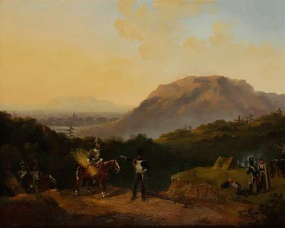 Édouard-Jean-Baptiste DETAILLE (1848-1912) Soldats dans un paysage montagneux Huile...
