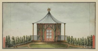 École Française du XIXe siècle Vue d'un pavillon Aquarelle. Non signée. 21 x 41 ...