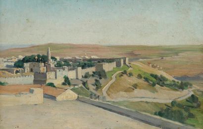 École française du début du XXe siècle Vue panoramique de Jérusalem. Huile sur panneau....