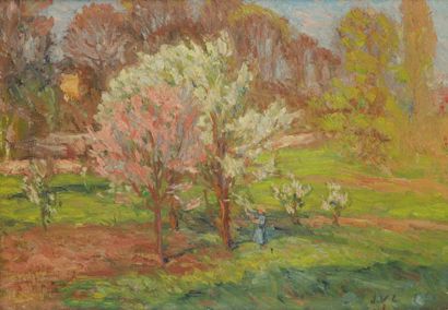 Joseph VITAL-LACAZE (1874-1946) Les Cerisiers en fleurs Huile sur carton toilé. Monogrammée...