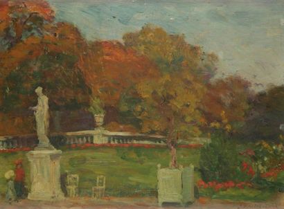 Joseph VITAL-LACAZE (1874-1946) Paris, Jardin du Luxembourg, 1904 Huile sur panneau....