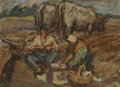 Joseph VITAL-LACAZE (1874-1946) Le Repos des travailleurs Huile sur carton toilé....