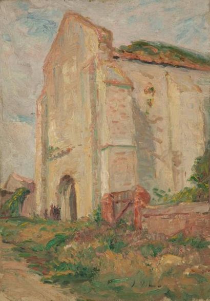 Joseph VITAL-LACAZE (1874-1946) L'Église Huile sur carton toilé. Monogrammée en bas...