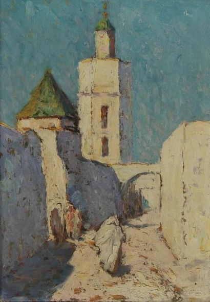 Joseph VITAL-LACAZE (1874-1946) Maroc, rue et minaret Huile sur carton toilé. Non...