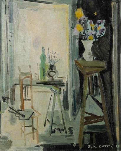 Roger BERTIN (1915-2003) L'Atelier, 1958. Huile sur toile. Signée et datée en bas...