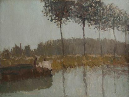 André BARBIER (1883-1970) Bords de Seine à Maison Laffitte. Huile sur toile. Signée...
