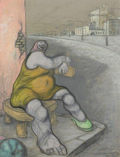 Dorothée CHEMIAKIN (née en 1964) Femme assise dans la rue, 1991. Pastel. Signé et...