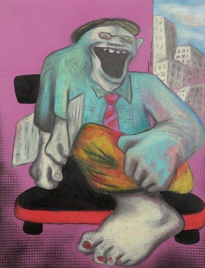 Dorothée CHEMIAKIN (née en 1964) Homme assis dans la rue, 1990. Pastel. Signé et...
