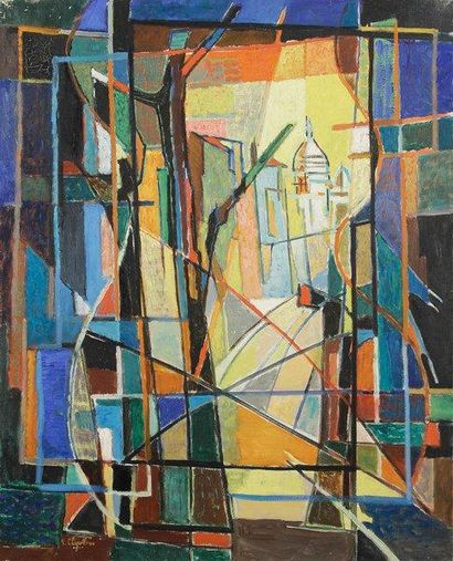 Jean CHEVOLLEAU (1924-1996) Fenêtre ouverte sur le Sacré-Coeur, 1955. Huile sur toile....