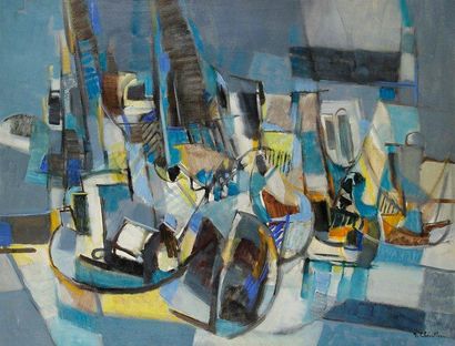 Jean CHEVOLLEAU (1924-1996) Peniscola, Le Port, 1971. Huile sur toile. Signée en...