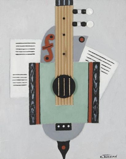 Georges Terzian La Guitare, 2012 Huile et collage sur panneau. Signée en bas à droite....