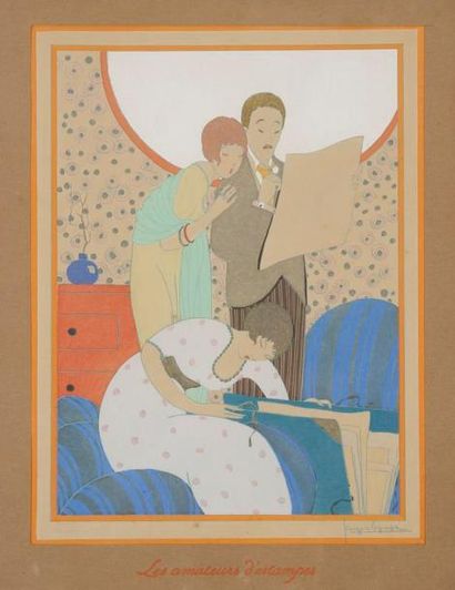 Georges LEPAPE (1887-1971) Les Amateurs d'estampes. Vers 1920. Pochoir en couleurs....