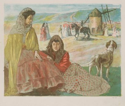 Alexandre LUNOIS (1863-1916) Deux Espagnoles à la mantille devant un moulin à vent....