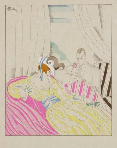 Charles MARTIN (1848-1934) [Couple au sofa]. 1919. Pochoir en couleurs. [218 x 285]....