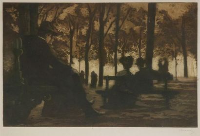 CHARLES MAURIN (1856-1914) Couples au parc. Eau-forte et aquatinte. 493 x 322. Impression...