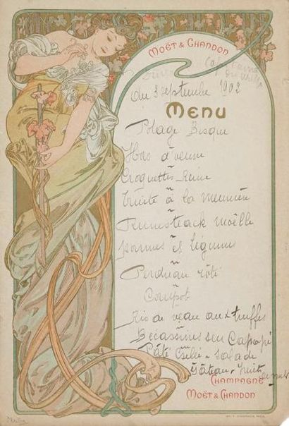 Alphonse MUCHA (1860-1939) Menu illustré. Vers 1900. Lithographie. [150 x 220]. Impression...