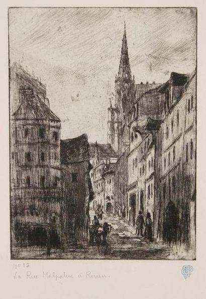 Camille PISSARRO (1830-1903) La Rue Malpalue, à Rouen. 1883-1884. Eau-forte et pointe...