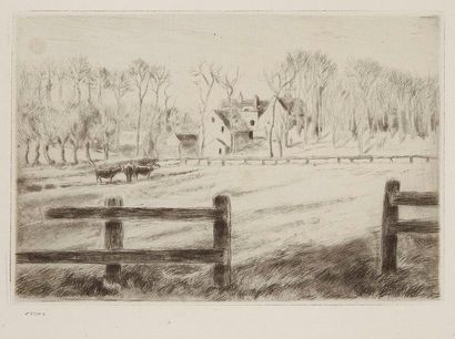 Camille PISSARRO (1830-1903) Prairie et moulin, à Osny. 1885. Eau-forte, pointe sèche...