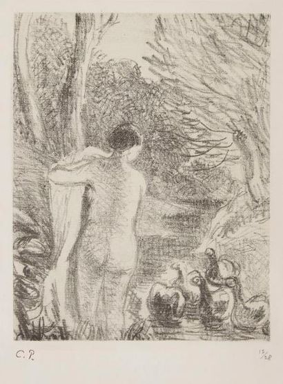Camille PISSARRO (1830-1903) Gardeuse d'oies nue. Vers 1897. Lithographie. 132 x...