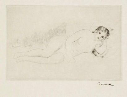 Pierre-Auguste RENOIR (1841-1919) Femme nue couchée tournée à droite (1re pl.). Vers...