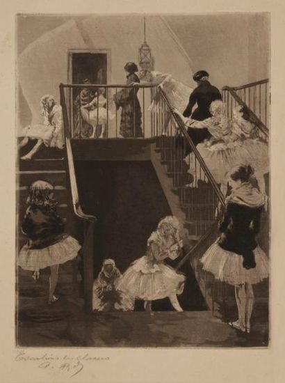 PAUL RENOUARD (1845-1924) Escalier des classes. Vers 1880. Eau-forte et aquatinte....