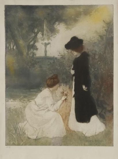 Manuel ROBBE (1872-1936) Deux femmes dans un jardin, l'une effeuillant des marguerites....