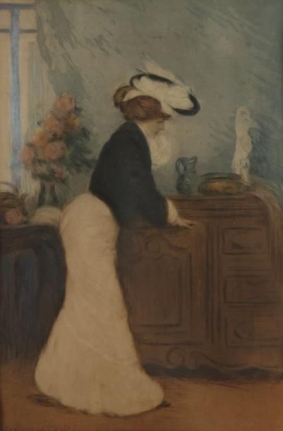 Manuel ROBBE (1872-1936) Femme devant un buffet. Vers 1905. Aquatinte. À vue: 330...