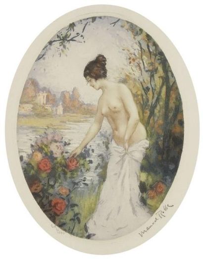 Manuel ROBBE (1872-1936) Femme au bain près d'un buisson de roses. Vers 1920. Aquatinte....