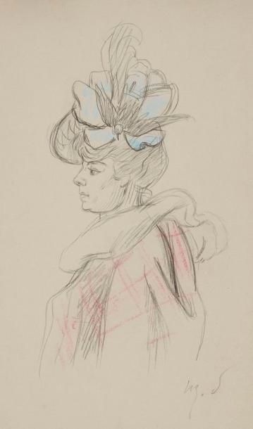 Henry Somm (Henry-François Sommier, dit) (1844-1907) Femme de profil, chapeau à noeud...