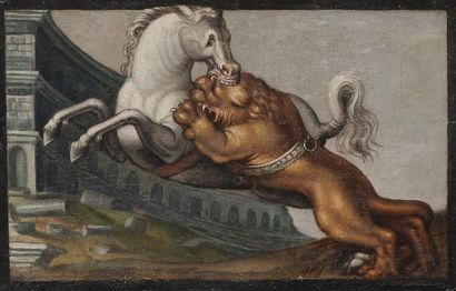 Ecole italienne du XVIIe siècle Combat de cheval et de lion Papier marouflé sur panneau....