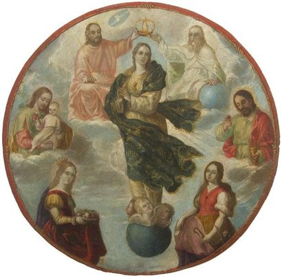 École MEXICAINE de la fin du XVIIe siècle Le Couronnement de la Vierge Cuivre rond....