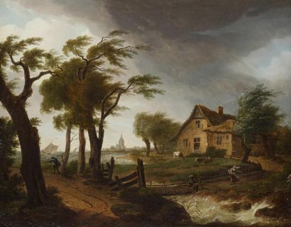 Frans SWAGERS (Utrecht 1756 - Paris 1836) Marine et paysage par un temps de pluie...
