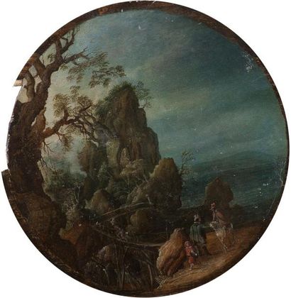 Attribué à Lucas van VALCKENBORCH (1535 - 1597) Paysage de montagne avec des promeneurs...