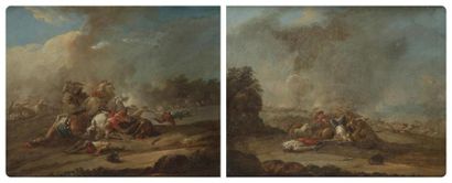 CHARLES PARROCEL (PARIS 1688 - 1752) Combats de cavaliers Paire de toiles, sur leurs...