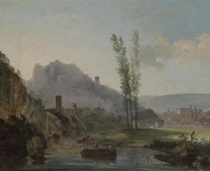 Attribué à Louis Gabriel I MOREAU (1740 - 1806) Bord de rivière avec une barque Toile....