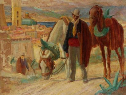 LÉON CHARLES CANNICIONI (1879-1957) Corse, Muletiers à Calvi Huile sur toile contrecollée...